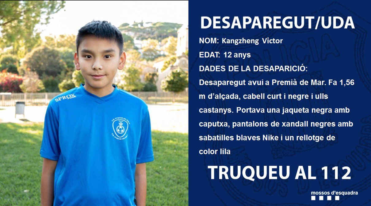 El nen de 12 anys desaparegut a Premià de Mar. Foto: Mossos d'Esquadra