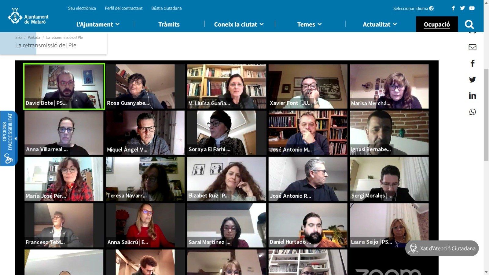 Los regidores del Ayuntamiento de Mataró, en un pleno telemático