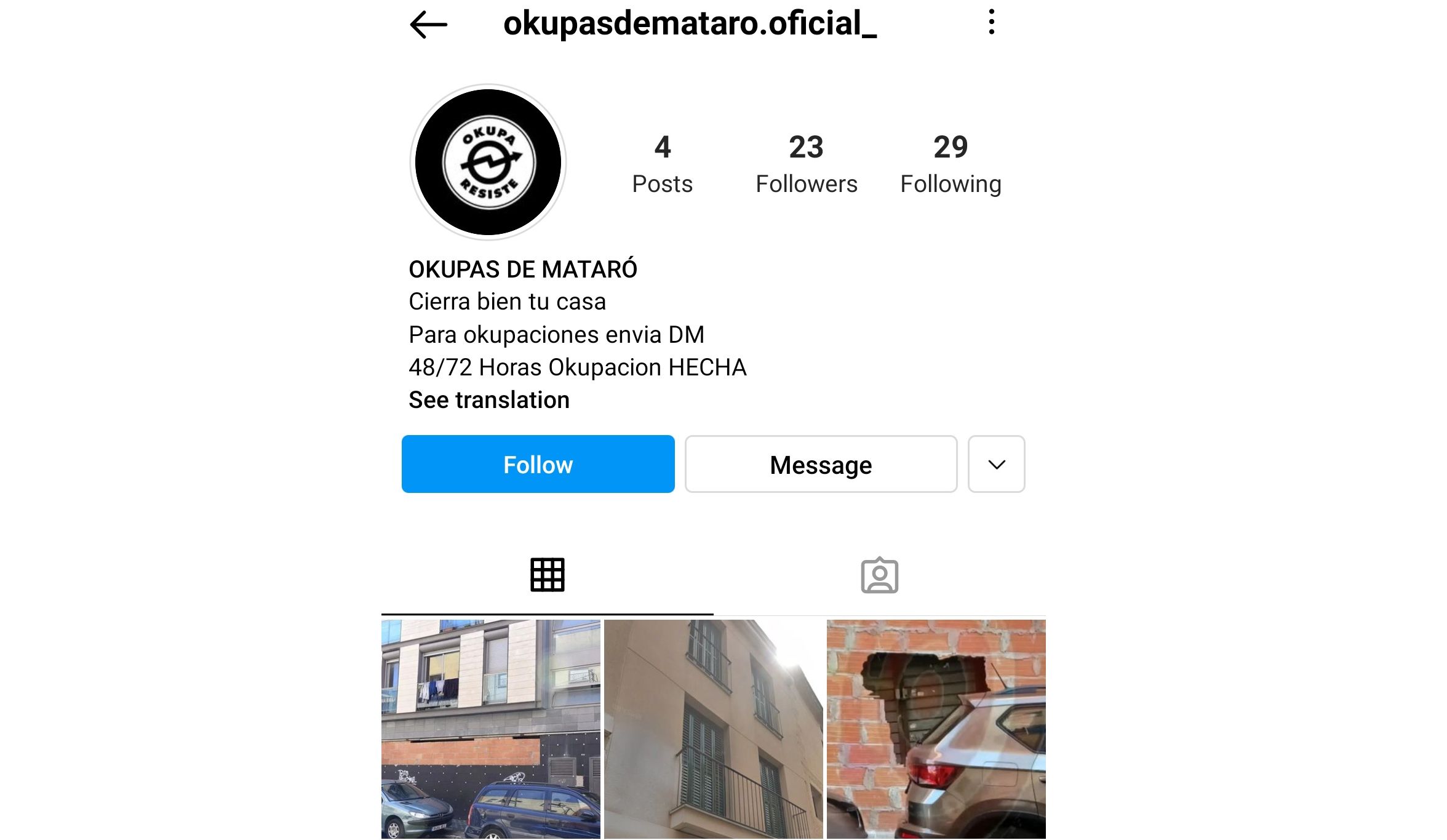 Perfil de instagram Okupas de Mataró