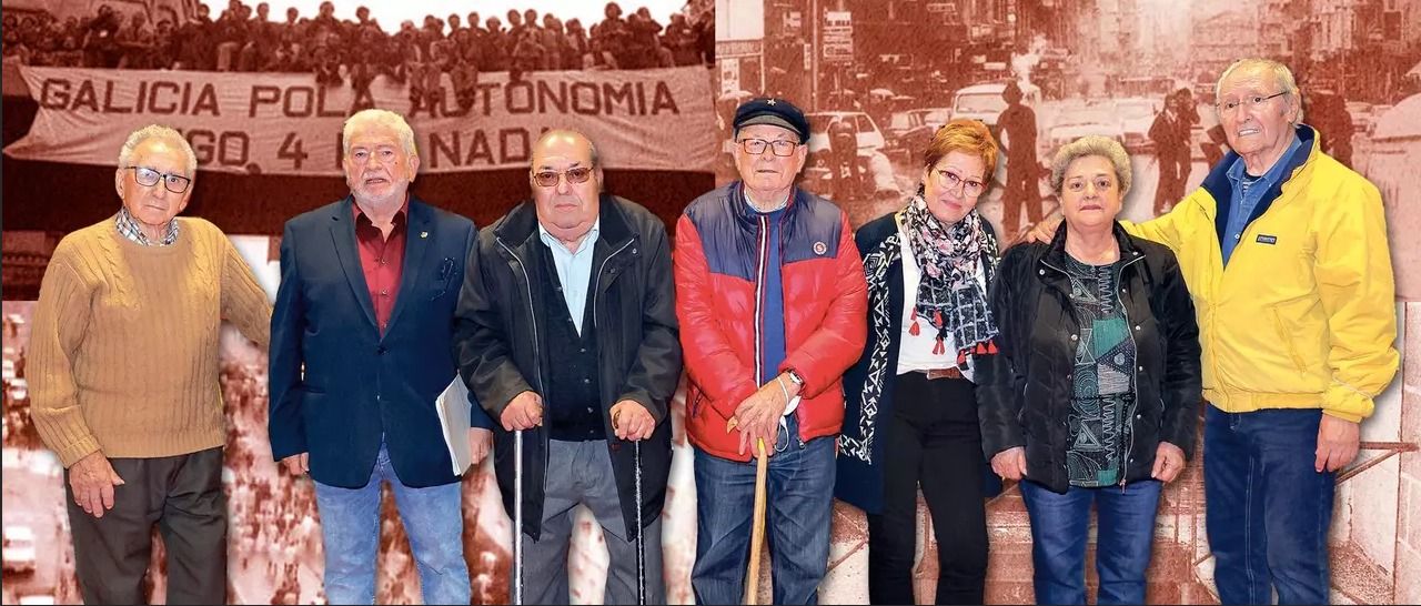 D'esquerra a dreta: Waldino Varela, Eduardo Fernández, Higinio Leirós, Juan Benavides, Margarita Rodríguez, Pilar Pérez i Carlos Núñez, protagonistes de la vaga general de Vigo del 1972. Font: Faro de Vigo, abril de 2022 D'esquerra a dreta: Waldino Varela, Eduardo Fernández, Higinio Leirós, Juan Benavides, Margarita Rodríguez, Pilar Pérez i Carlos Núñez, protagonistes de la vaga general de Vigo del 1972. Font: Faro de Vigo, abril de 2022