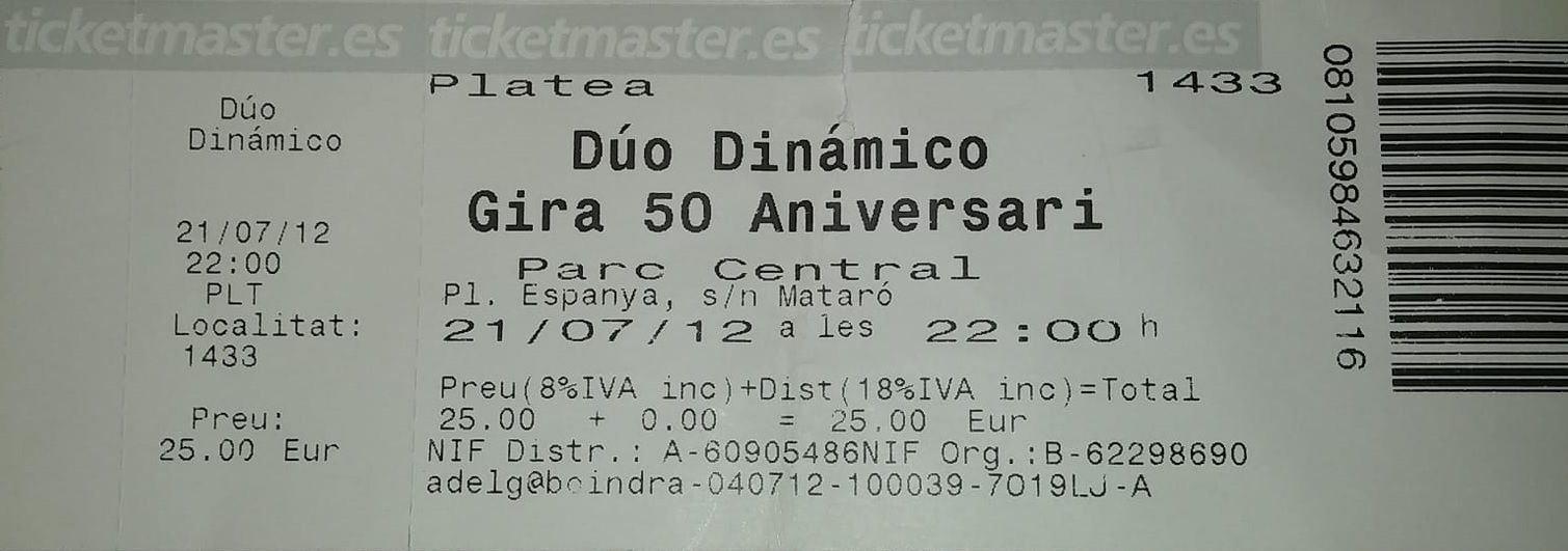 Entrada del concert del Dúo Dinámico que va tenir lloc al Parc Central el 21 de juliol de 2012 Entrada del concert del Dúo Dinámico que va tenir lloc al Parc Central el 21 de juliol de 2012