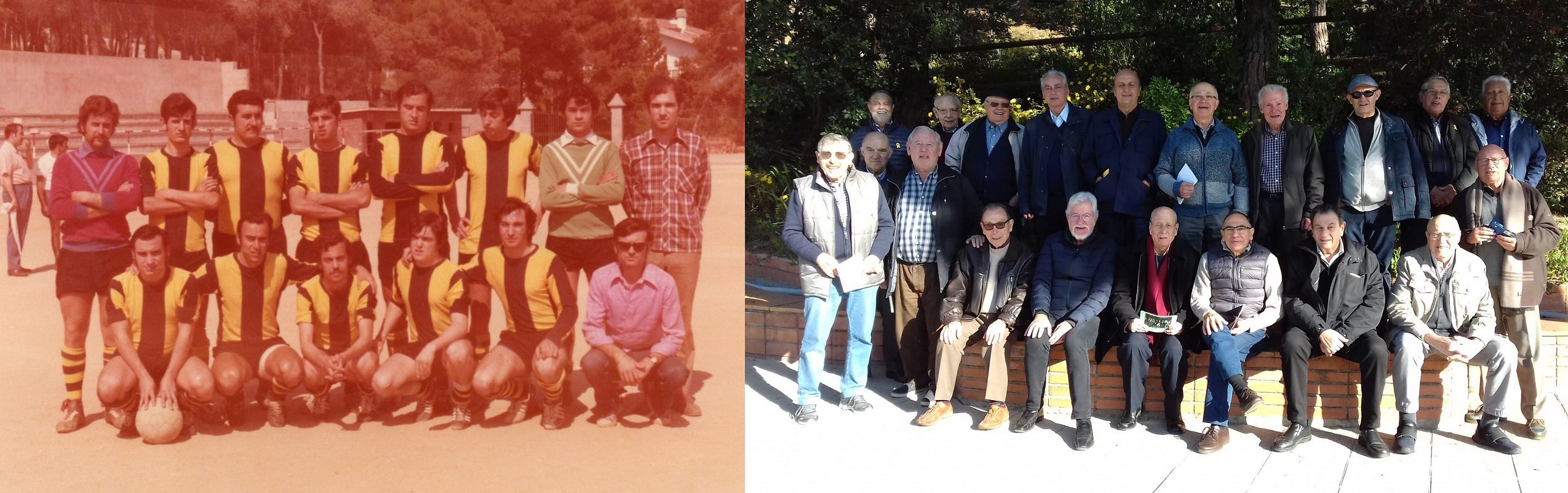 Dos fotos amb treballadors d'Albo S.A. A l'esquerra, partit de futbol disputat el mes de maig de 1972. A la dreta, trobada d'antics empleats de l'empresa per Sant Eloi, el desembre de 2019. Font: arxiu Miguel Guillén / arxiu Josep Patau