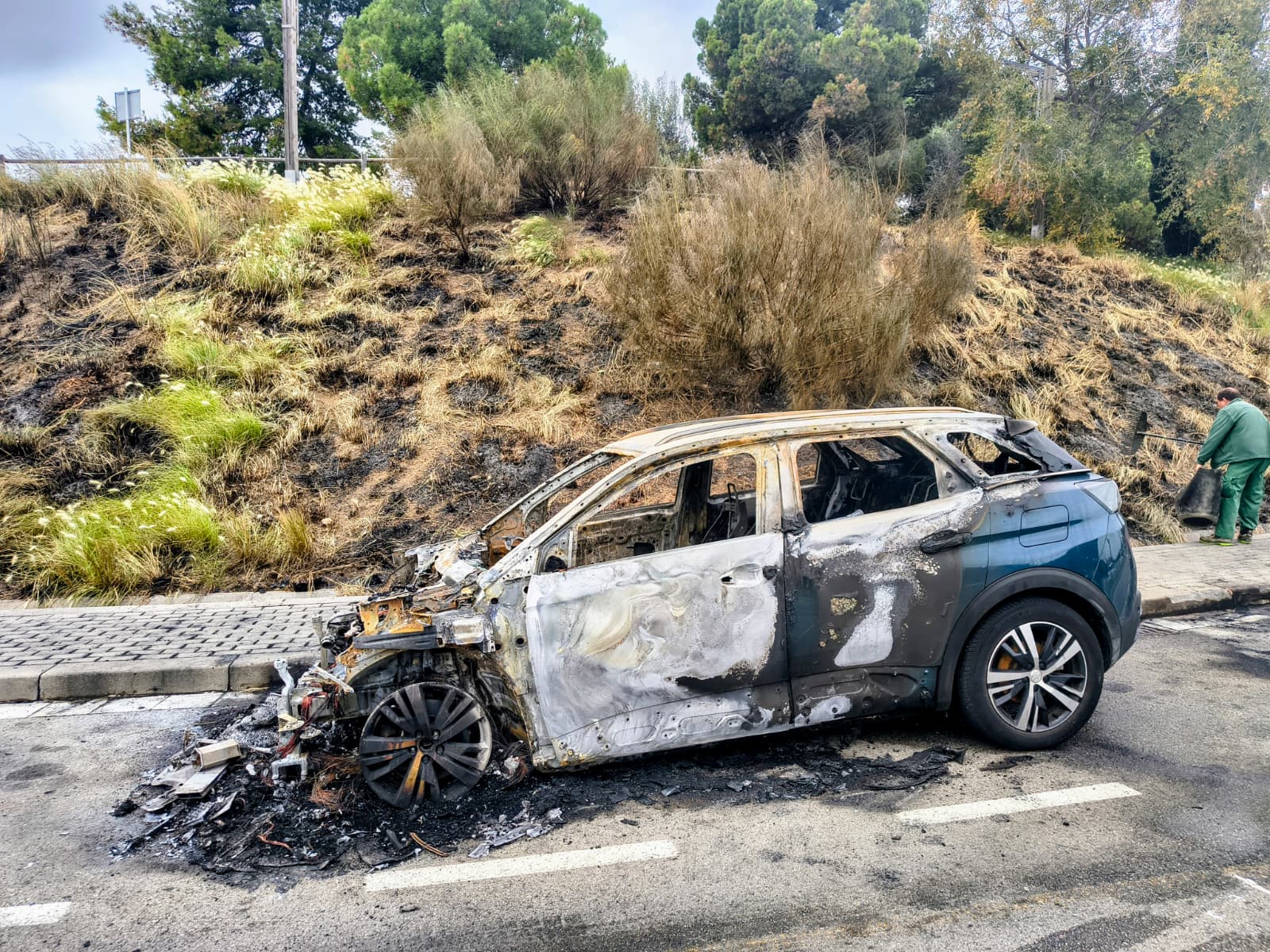 Vehículo calcinado esta madrugada en la ronda Doctor Ferran de Mataró. Foto: V. B. 