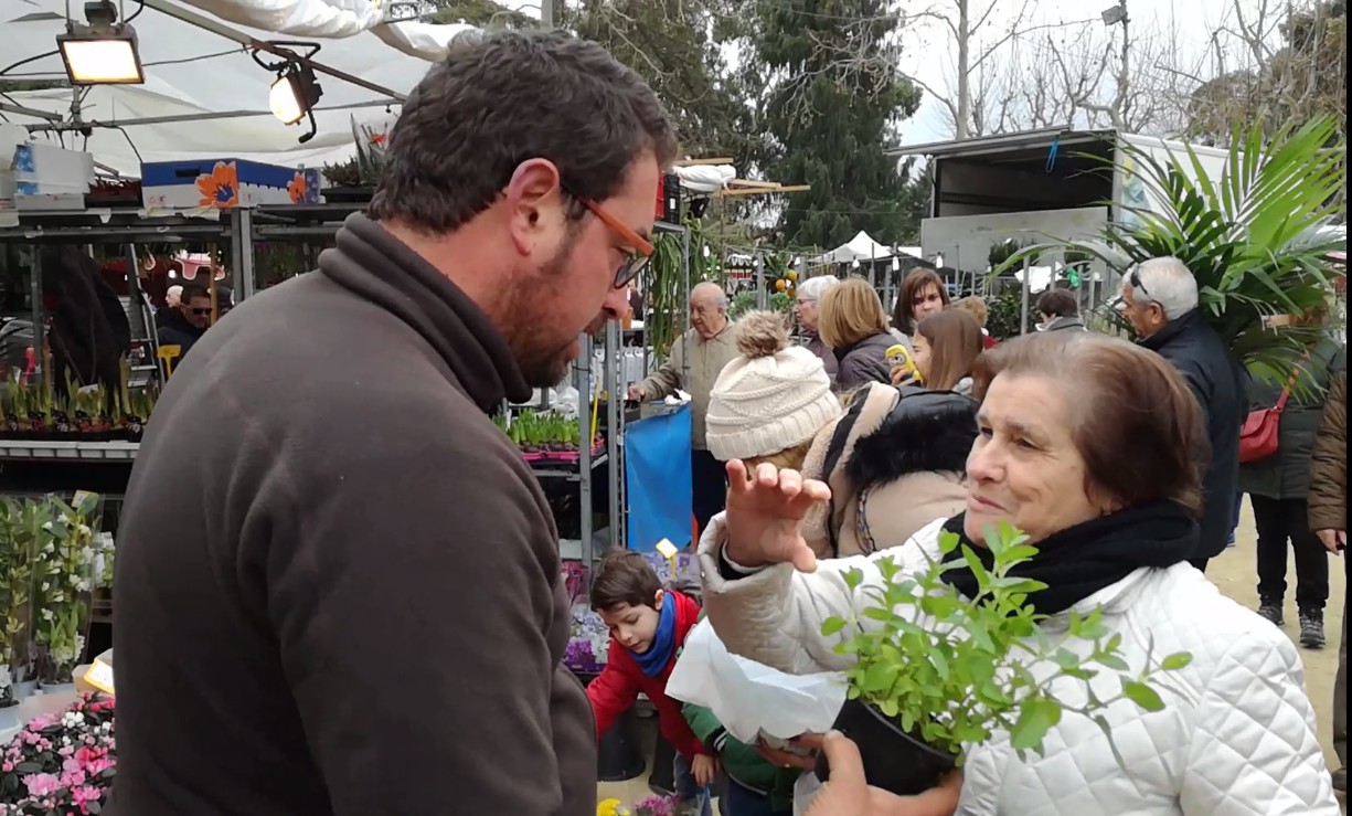 Una clienta i un venedor a la Fira de l'Arbre