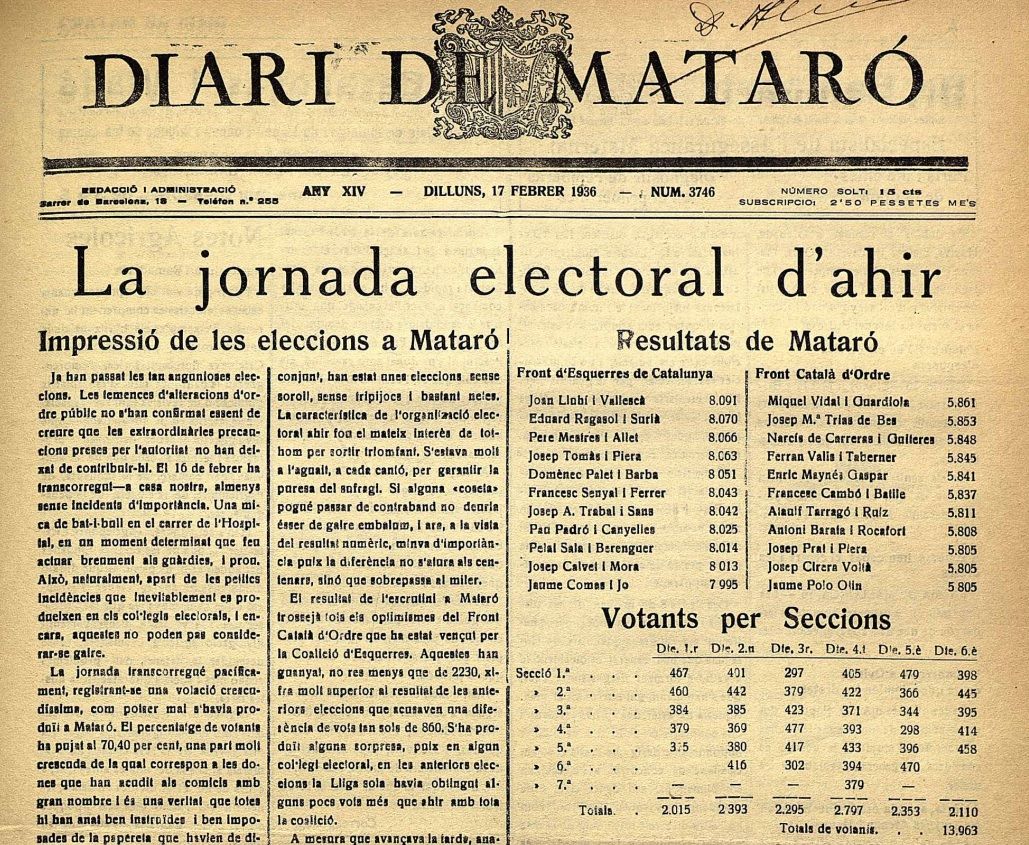 Portada del Diari de Mataró del 17 de febrer de 1936, amb els resultats de les eleccions generals a la ciutat