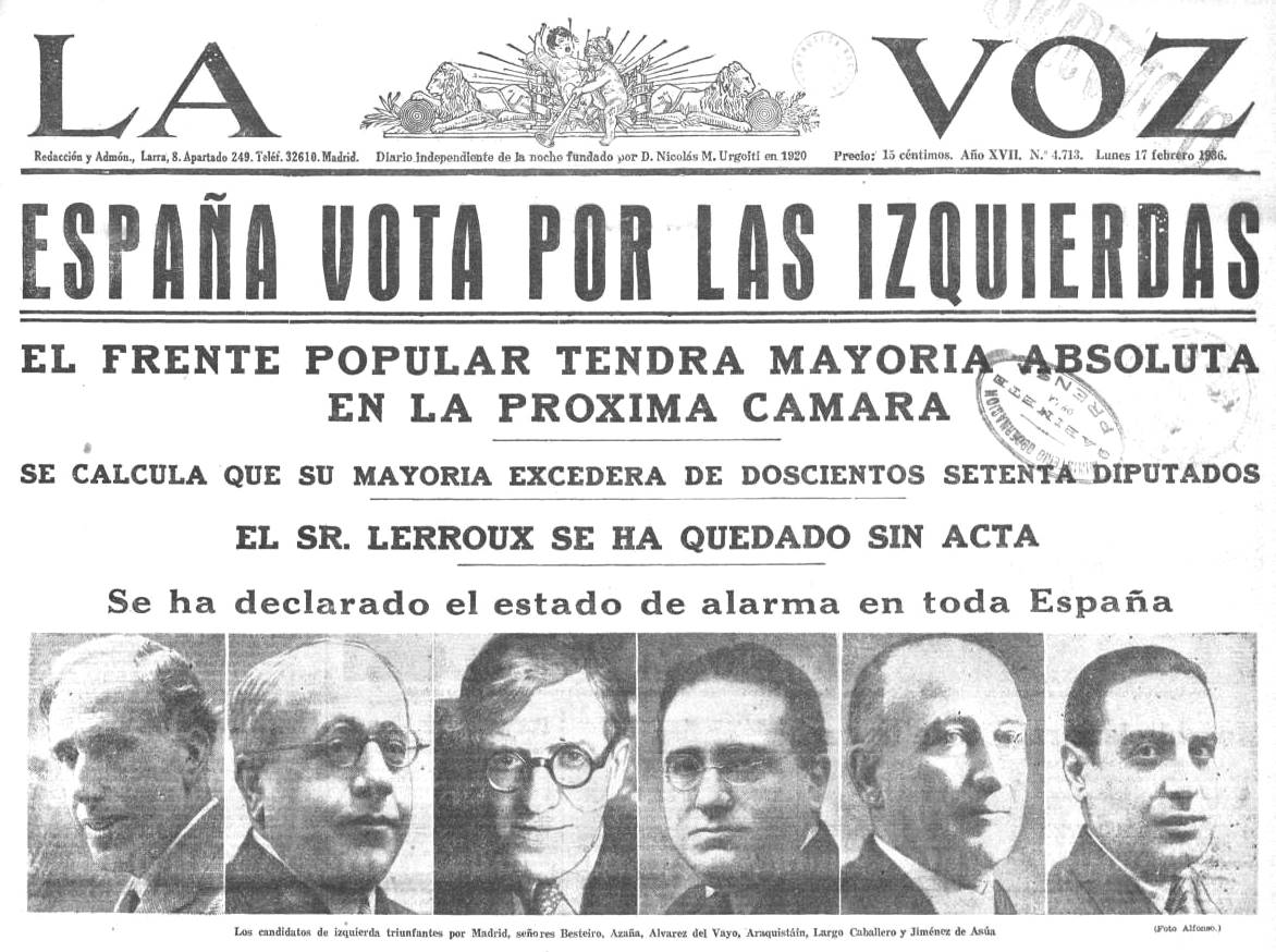 Portada del 17 de febrer del diari “La Voz”, informant de la victòria del Frente Popular