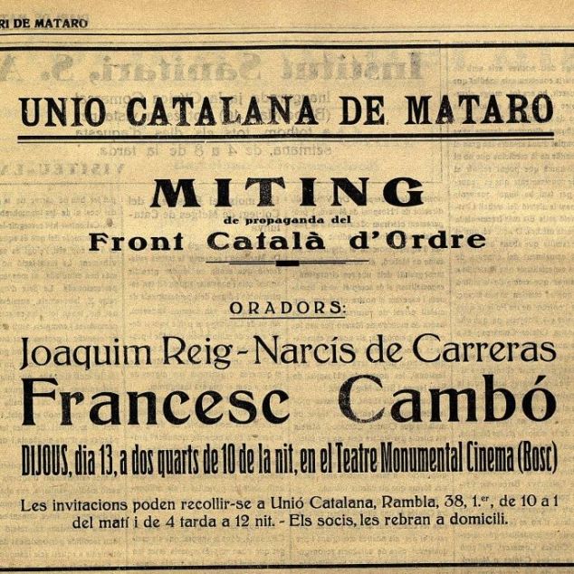 Anunci d’un míting del Front Català d’Ordre a Mataró publicat al Diari de Mataró del dia 11 de febrer de 1936