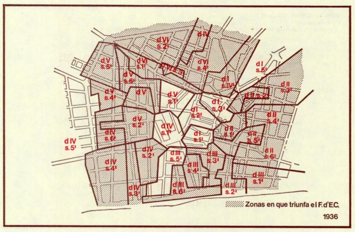 Mapa de Mataró amb les zones en què va guanyar el Front d’Esquerres pintades de color gris. Font: Manté Bartra, Marta (1977). La problemática de la Segunda República a través del estudio de una situación concreta: el Mataró de los años treinta. Premi Iluro 1975. Caixa d’Estalvis Laietana