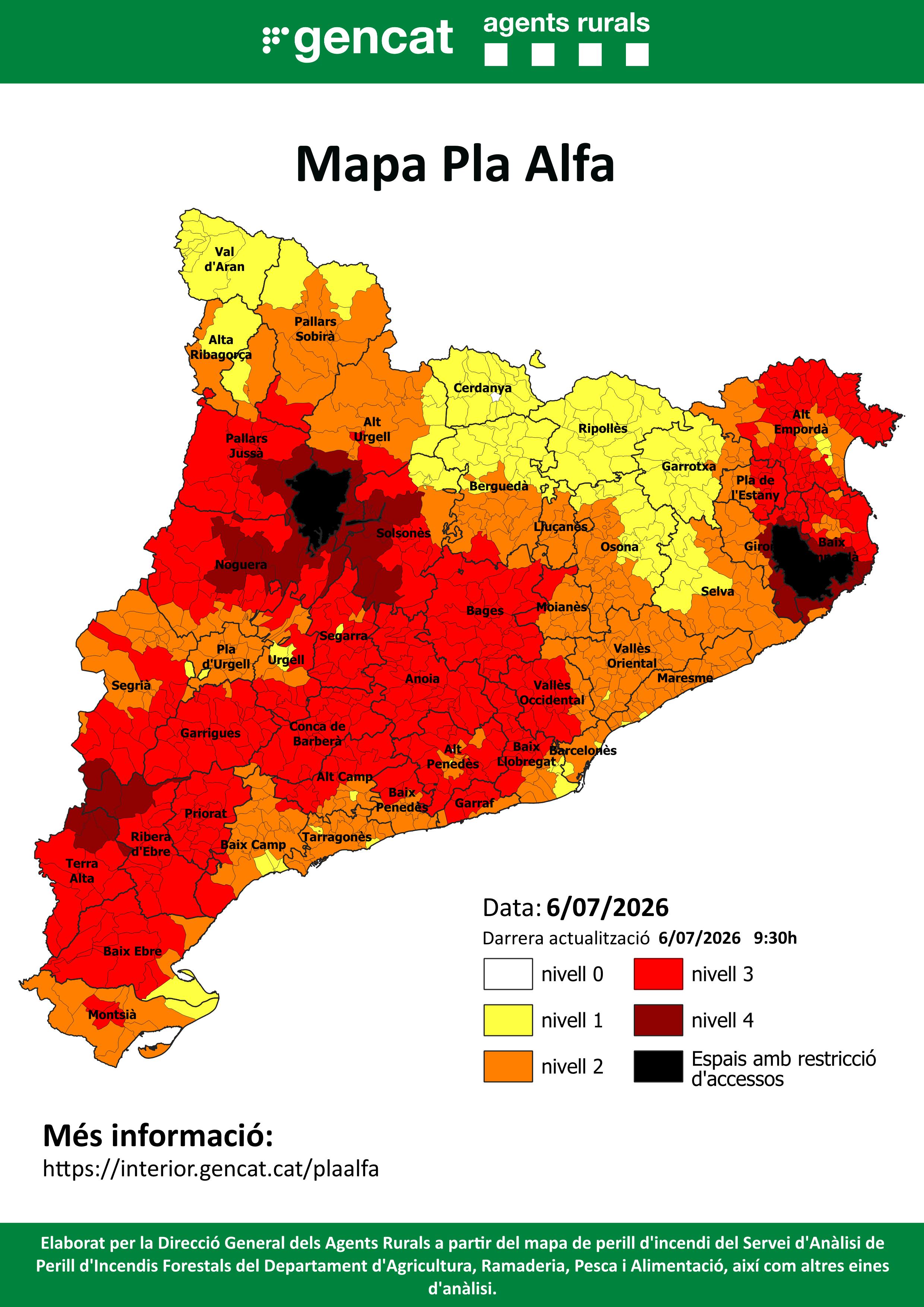 Nivell de risc d'incendis a Catalunya, per comarques