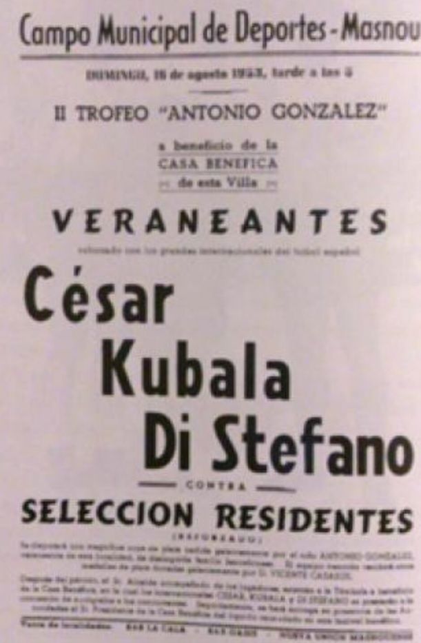 Cartell que anunciava el partit entre estiuejants i residents del Masnou, que es va disputar el 16 d’agost del 1953 al poble del Baix Maresme Cartell que anunciava el partit entre estiuejants i residents del Masnou, que es va disputar el 16 d’agost del 1953 al poble del Baix Maresme