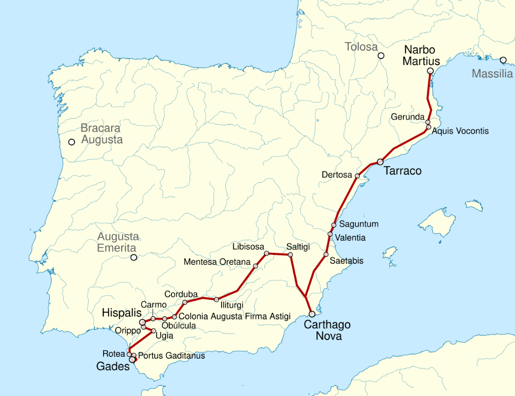 Traçat aproximat de la Via Augusta. Font Wikimedia Commons