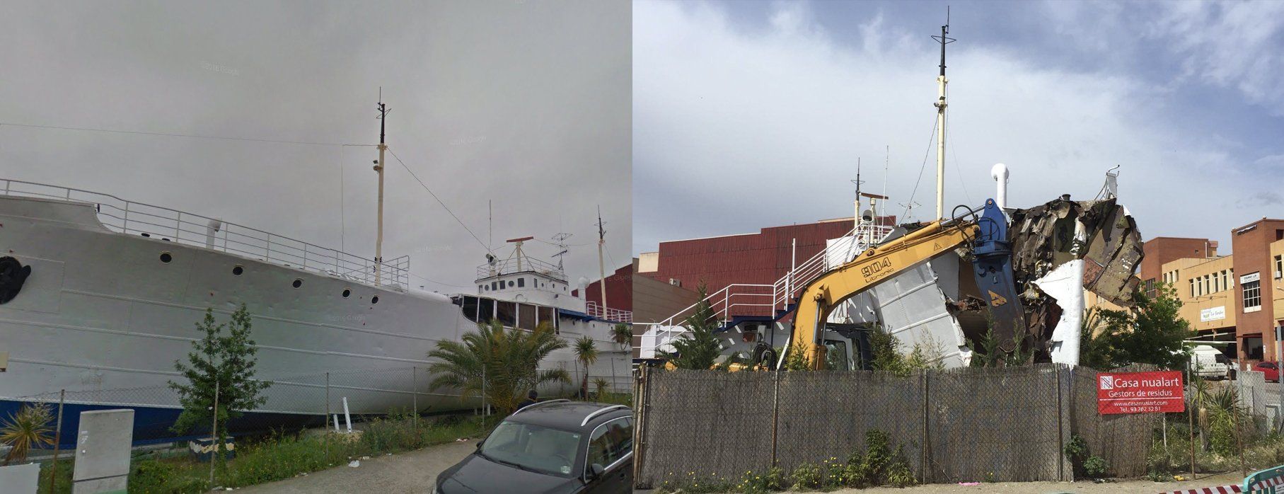 El barco cuando estaba entero, y la excavadora derrocándolo. Foto: R. G.