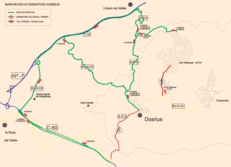 Plano de rutas alternativas para llegar en Dosrius. Plano de rutas alternativas para llegar en Dosrius.