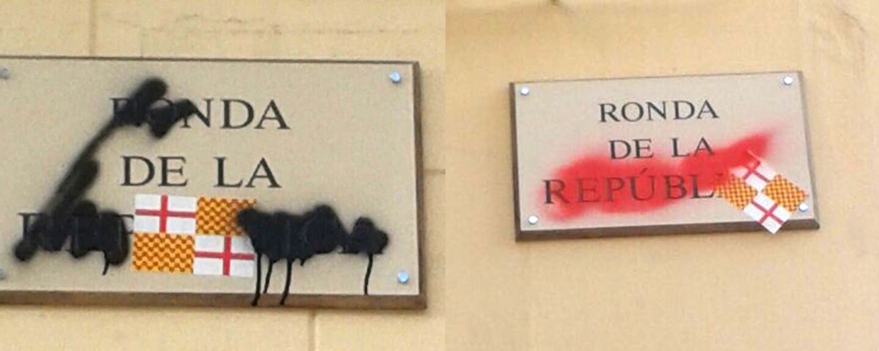 Pintadas a la placa de la Plaza de la República. Foto: CUP Pintadas a la placa de la Plaza de la República. Foto: CUP