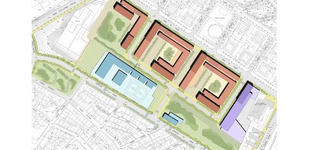 Planol del projecte, amb l'escola Marta Mata, en color blau, ja construïda Planol del projecte, amb l'escola Marta Mata, en color blau, ja construïda