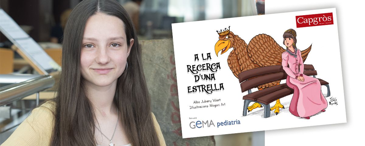 Alba Jubany, autora del conte, i la portada del mateix. 