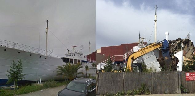 El vaixell quan estava sencer, i l'excavadora enderrocant-lo. Foto: R. G. El vaixell quan estava sencer, i l'excavadora enderrocant-lo. Foto: R. G.